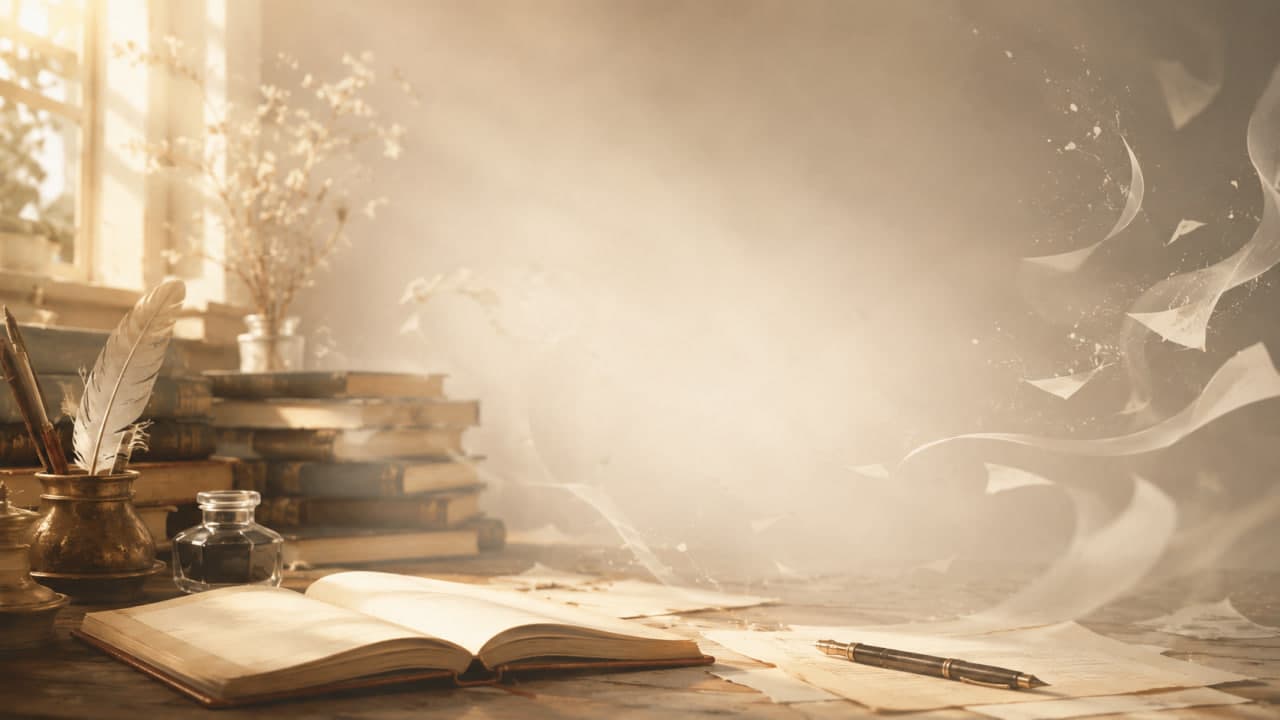 Открытая книга, перо и листы рукописи в тёплом свете