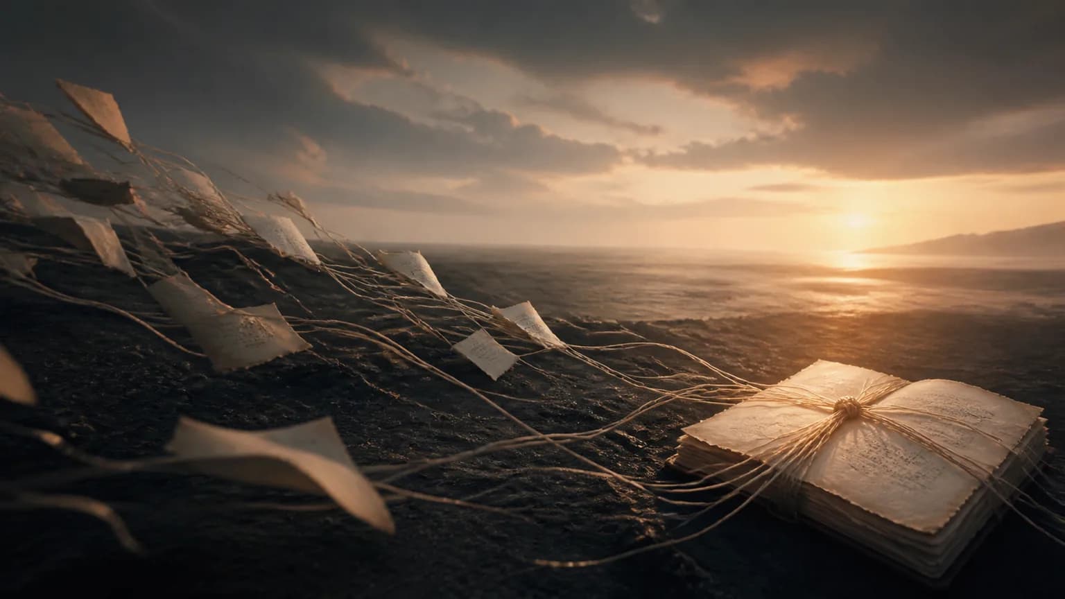 Нити предыдущих страниц сходятся в узел на финальном листе книги у светлого горизонта