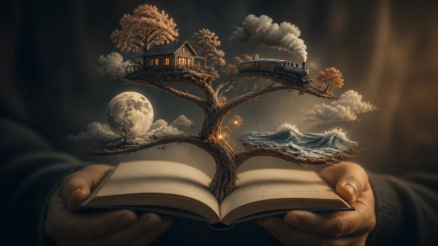 Из открытой книги в руках вырастает дерево с домом, поездом, луной и морем на ветвях