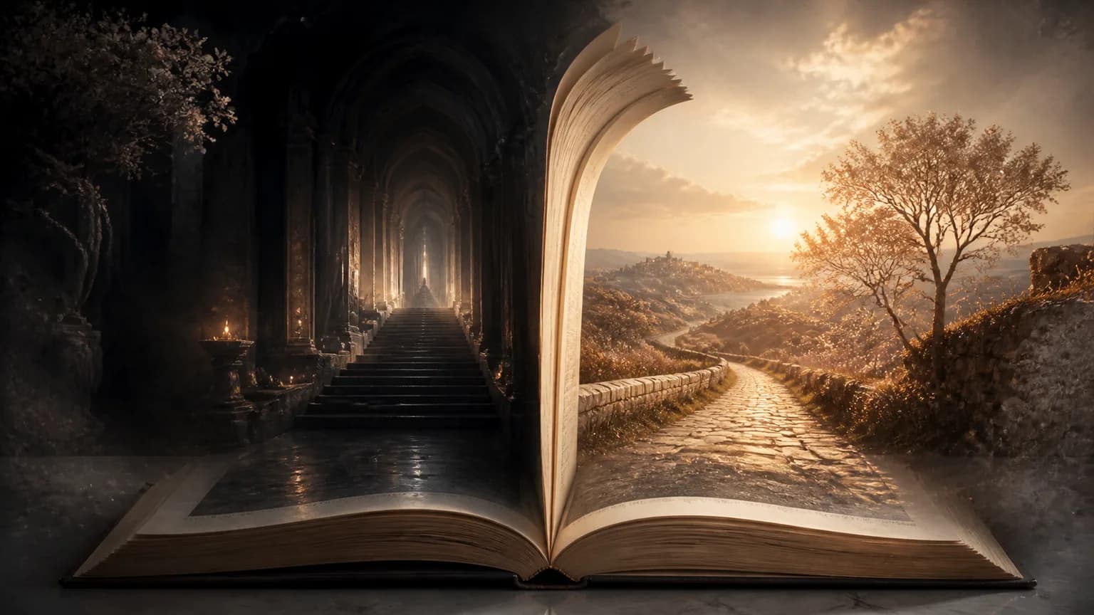 Открытая книга расходится на тёмный порог пролога и солнечную дорогу первой главы